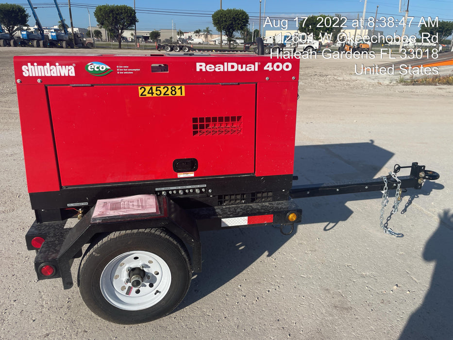2022 Shindaiwa DGW400MDL Kubota D902 Engine, 23 HP, Dual Op Welder, Wire, Arc, Droop Stick, Tig, and CC Stick Functionality, Simulphase, 3 Phase and 1 Phase Gen Output, Single Axle NB Trlr, Slr Trckl Chrg 12V 12W, Fire Ext
