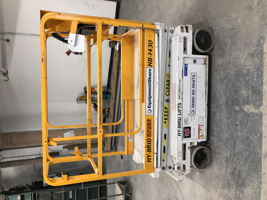 Custom Equipment HB-1430 Hy-Brid Scissor Lift
Platform capacity up to 670 lbs
Working height up to 20 ft
Weighs under 1,700 lbs
Non-marking wheels