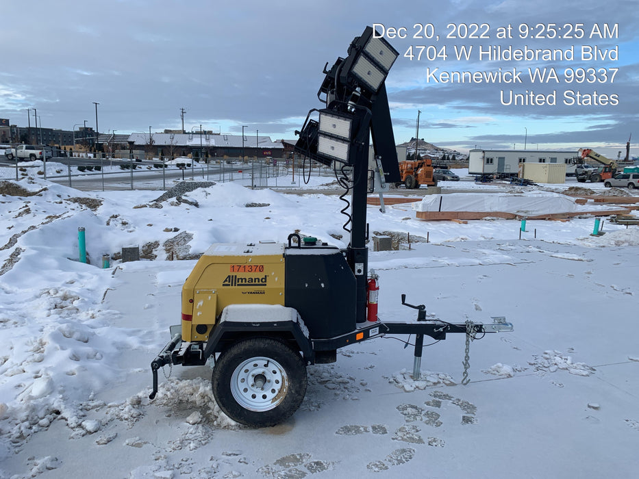 2021 Allmand NLV3GR (4) LED Light Fixture 350W, 23' Vertical Mast, 3kW Prime, Towable, Deep Sea L401, Leveling Jacks, Yanmar T4F 5.8hp