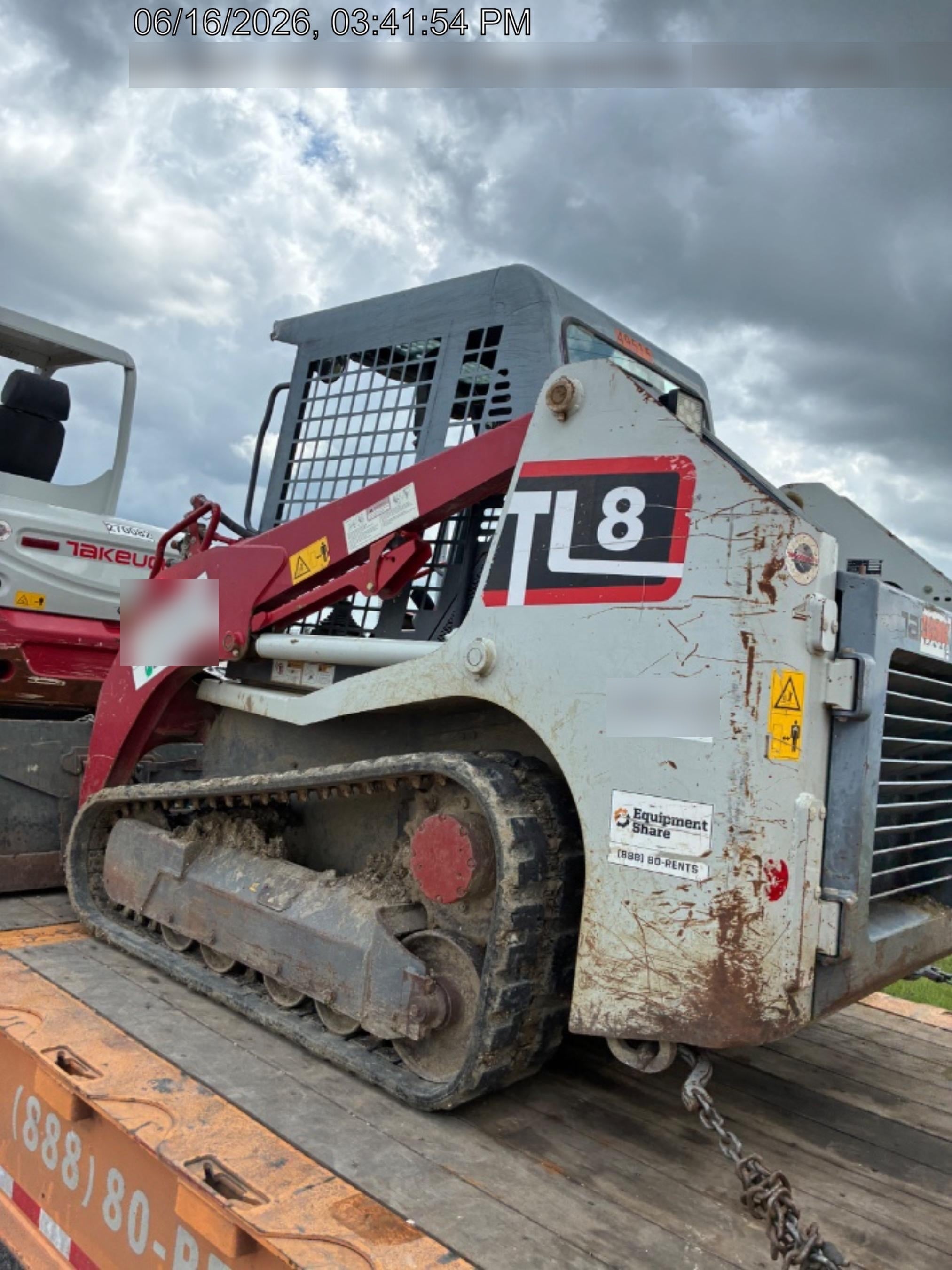 2019 Takeuchi TL8W Canopy, 15" Wide Rubber Tracks, Back-up Alarm, Front & Rear Working Lights, Auxiliary Hydraulics, Two-Speed Travel, Electronic Monitoring System w/76" HD Dirt Bucket with 8 Teeth, 20.3 cubic feet Capacity