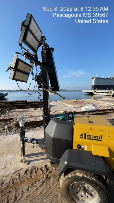 2022 Allmand NLV3GR (4) LED Light Fixture 350W, 23' Vertical Mast, 3kW Prime, Towable, Deep Sea L401, Leveling Jacks, Yanmar T4F 5.8hp