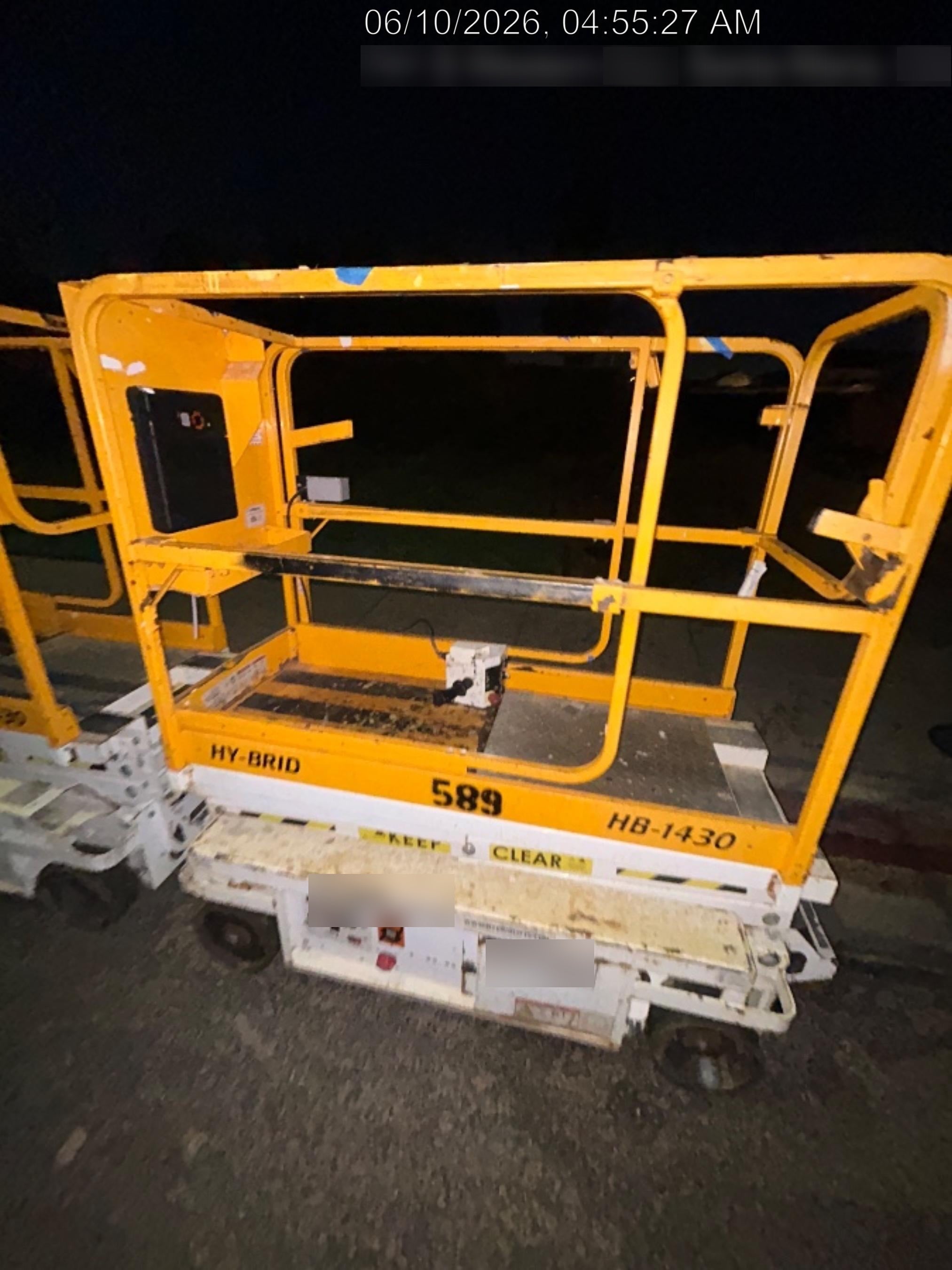 Custom Equipment HB-1430 <ul>
 <li>Hy-Brid Scissor Lift</li>
  <li>Platform capacity up to 670 lbs.</li>
  <li>Working height up to 20 ft</li>
  <li>Weighs under 1,700 lbs.</li>
  <li>Non-marking wheels </li>
</ul>