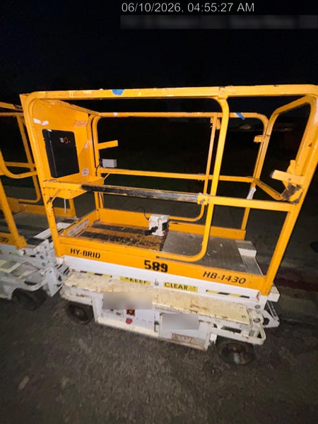 Custom Equipment HB-1430 <ul>
 <li>Hy-Brid Scissor Lift</li>
  <li>Platform capacity up to 670 lbs.</li>
  <li>Working height up to 20 ft</li>
  <li>Weighs under 1,700 lbs.</li>
  <li>Non-marking wheels </li>
</ul>