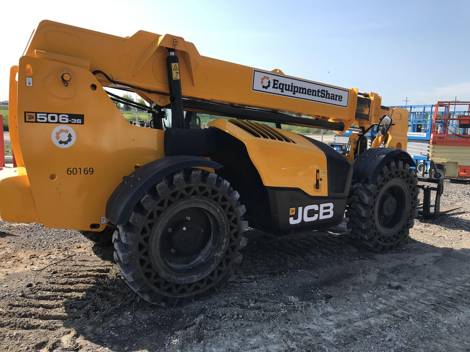 2020 JCB 506-36 Cab/Heat/Air, 74 HP, Solid Tires, STD Worklight, Beacon, Aux Hydraulics, Lifting Eye, Back up Alarm w/48" Carriage/48" Forks