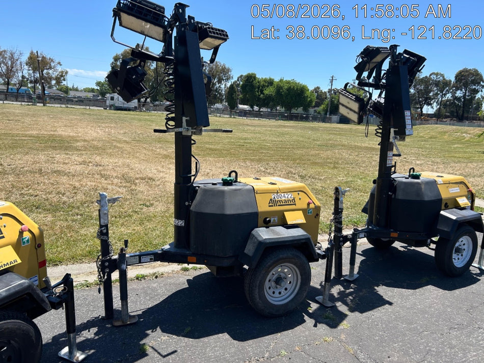 2022 Allmand NLV3GR (4) LED Light Fixture 350W, 23' Vertical Mast, 3kW Prime, Towable, Deep Sea L401, Leveling Jacks, Yanmar T4F 5.8hp