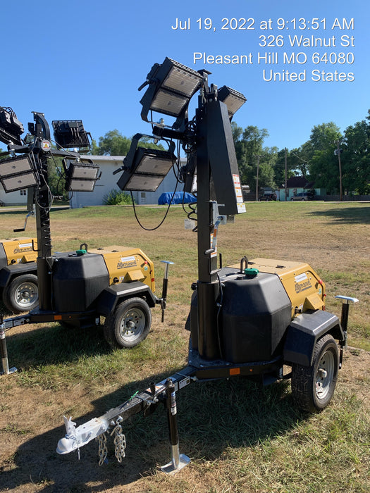 2022 Allmand NLV3GR (4) LED Light Fixture 350W, 23' Vertical Mast, 3kW Prime, Towable, Deep Sea L401, Leveling Jacks, Yanmar T4F 5.8hp