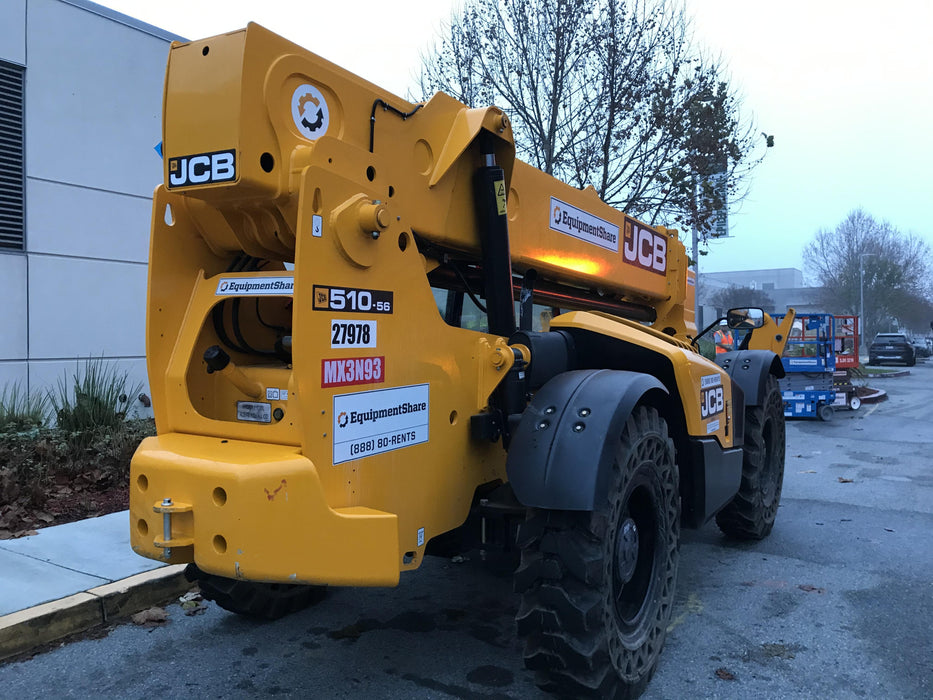 2019 JCB 510-56 74 HP w/Open ROPS, Beacon, Aux Hydraulics, Worklights, Solid Tires w/60" Carriage/Forks