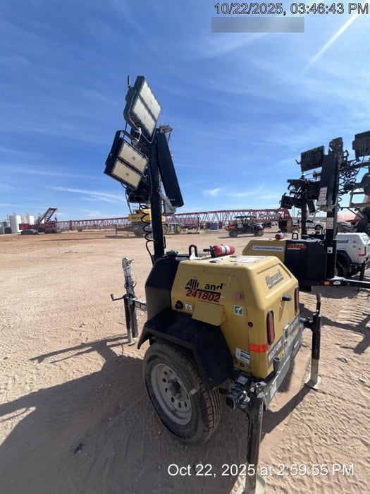 2022 Allmand NLV3GR (4) LED Light Fixture 350W, 23' Vertical Mast, 3kW Prime, Towable, Deep Sea L401, Leveling Jacks, Yanmar T4F 5.8hp