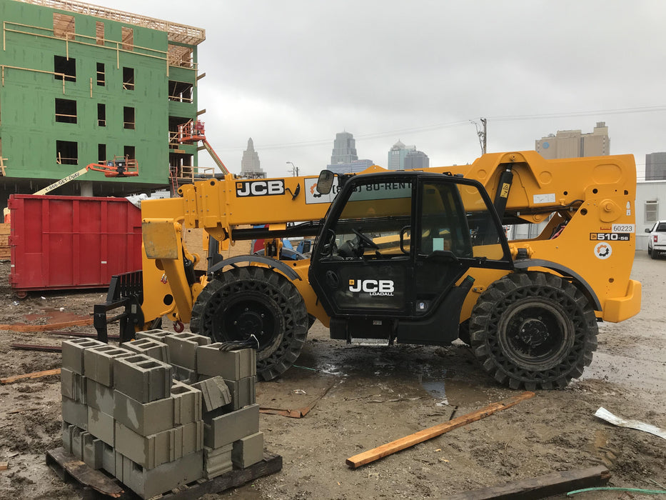 2020 JCB 510-56 Cab/Heat/Air, 74 HP, Solid Tires, STD Worklight, Beacon, Aux Hydraulics, Lifting Eye, Back up Alarm w/66" Carriage/60" Forks