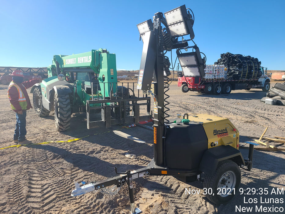 2021 Allmand NLV3GR (4) LED Light Fixture 350W, 23' Vertical Mast, 3kW Prime, Towable, Deep Sea L401, Leveling Jacks, Yanmar T4F 5.8hp