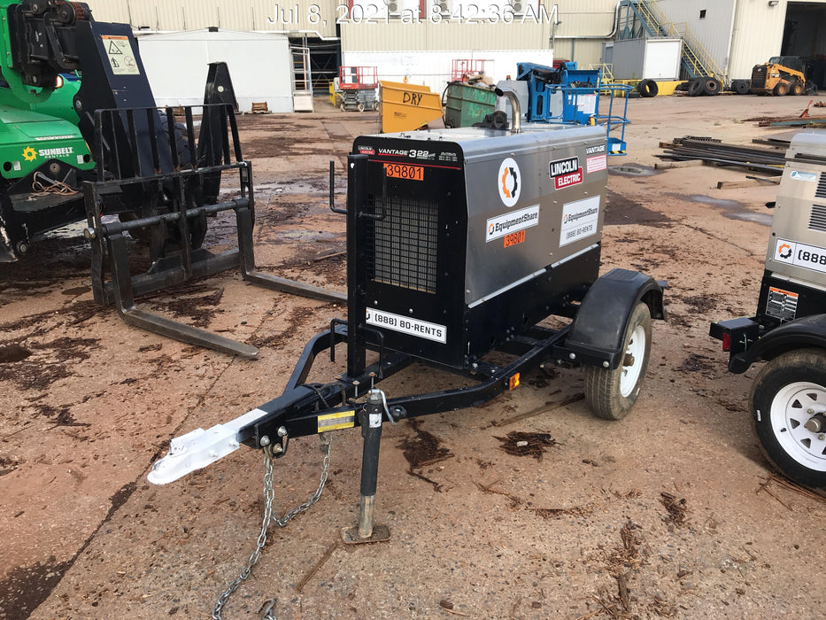 2019 Lincoln Electric Vantage 322 Welder Ready-Pak 3, Two wheel trailer, Fender and Light kit, Cable Rack