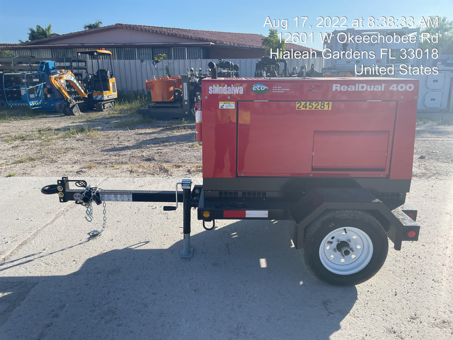 2022 Shindaiwa DGW400MDL Kubota D902 Engine, 23 HP, Dual Op Welder, Wire, Arc, Droop Stick, Tig, and CC Stick Functionality, Simulphase, 3 Phase and 1 Phase Gen Output, Single Axle NB Trlr, Slr Trckl Chrg 12V 12W, Fire Ext