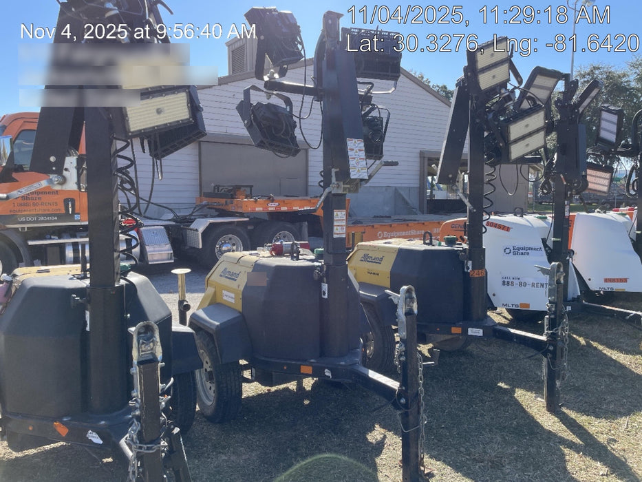 2022 Allmand NLV3GR (4) LED Light Fixture 350W, 23' Vertical Mast, 3kW Prime, Towable, Deep Sea L401, Leveling Jacks, Yanmar T4F 5.8hp