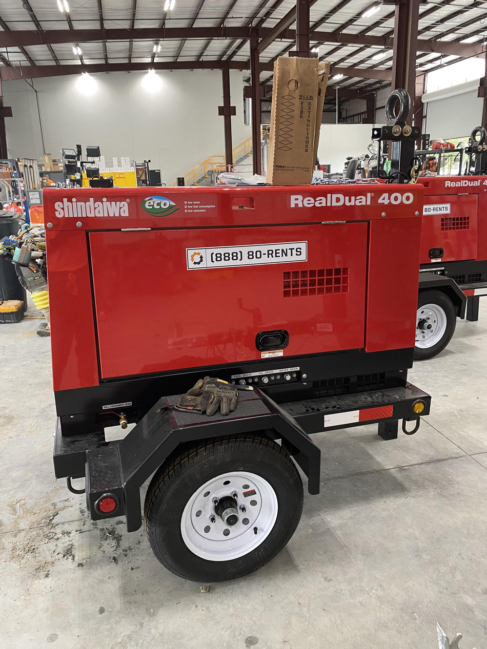 2022 Shindaiwa DGW400MDL Kubota D902 Engine, 23 HP, Dual Op Welder, Wire, Arc, Droop Stick, Tig, and CC Stick Functionality, Simulphase, 3 Phase and 1 Phase Gen Output, Single Axle NB Trlr, Slr Trckl Chrg 12V 12W, Fire Ext