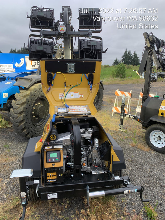 2022 Allmand NLV3GR (4) LED Light Fixture 350W, 23' Vertical Mast, 3kW Prime, Towable, Deep Sea L401, Leveling Jacks, Yanmar T4F 5.8hp