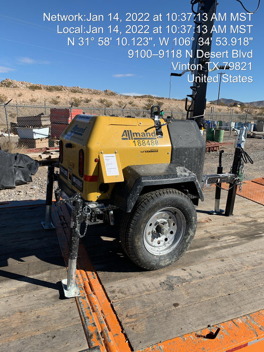 Allmand NLV3GR (4) LED Light Fixture 350W, 23' Vertical Mast, 3kW Prime, Towable, Deep Sea L401, Leveling Jacks, Yanmar T4F 5.8hp