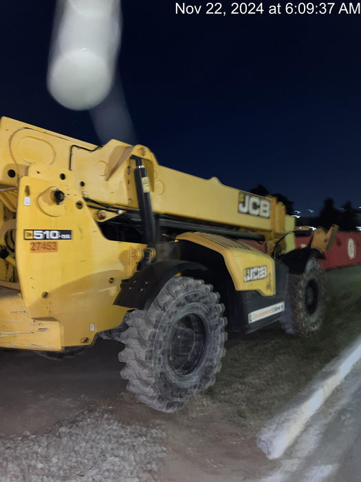 2019 JCB 510-56 Open ROPS, 74 HP, Solid Tires, Worklights, Beacon, Aux Hydraulics, Lifting Eye w/60" Carriage/60" Forks