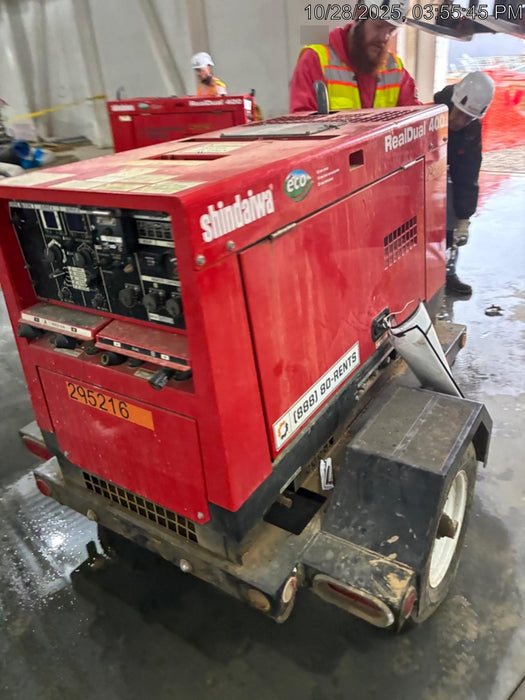 2023 Shindaiwa DGW400MDL Kubota D902 Engine, 23 HP, Dual Op Welder, Wire, Arc, Droop Stick, Tig, and CC Stick Functionality, Simulphase, 3 Phase and 1 Phase Gen Output, Single Axle NB Trlr, Slr Trckl Chrg 12V 12W, Fire Ext