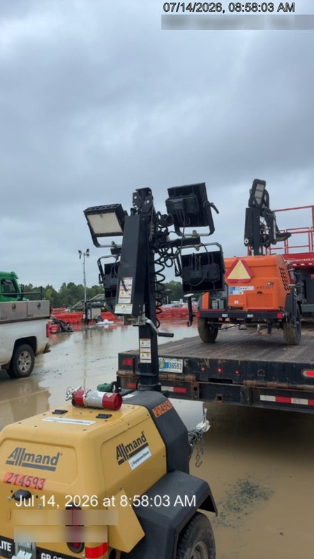 2022 Allmand NLV3GR (4) LED Light Fixture 350W, 23' Vertical Mast, 3kW Prime, Towable, Deep Sea L401, Leveling Jacks, Yanmar T4F 5.8hp