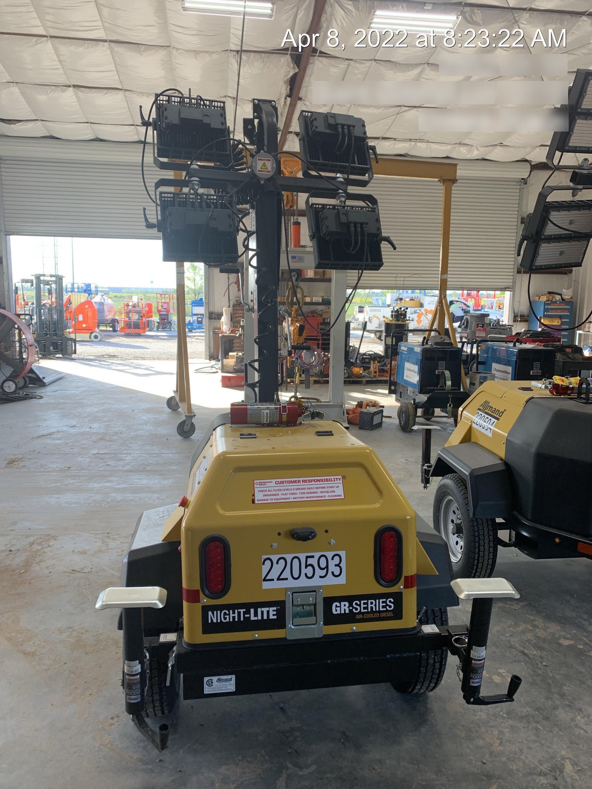 2022 Allmand NLV3GR (4) LED Light Fixture 350W, 23' Vertical Mast, 3kW Prime, Towable, Deep Sea L401, Leveling Jacks, Yanmar T4F 5.8hp