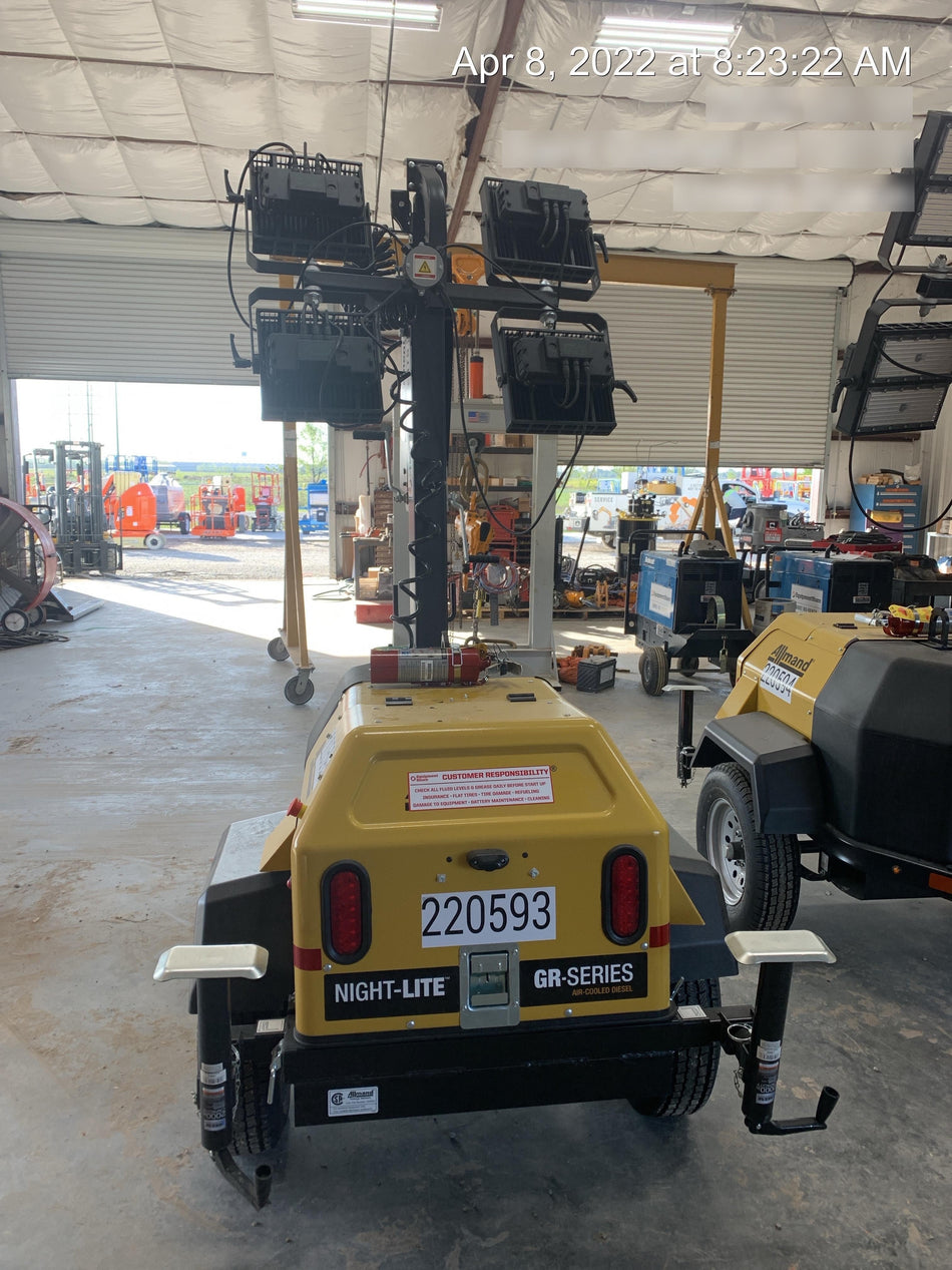 2022 Allmand NLV3GR (4) LED Light Fixture 350W, 23' Vertical Mast, 3kW Prime, Towable, Deep Sea L401, Leveling Jacks, Yanmar T4F 5.8hp