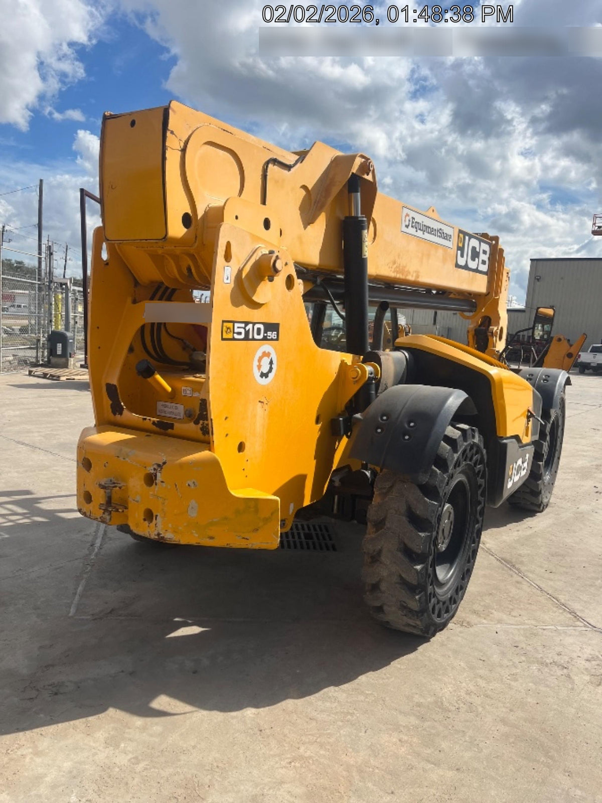 2019 JCB 510-56 Open ROPS, 74 HP, Solid Tires, Worklights, Beacon, Aux Hydraulics, Lifting Eye w/66" Carriage/60" Forks