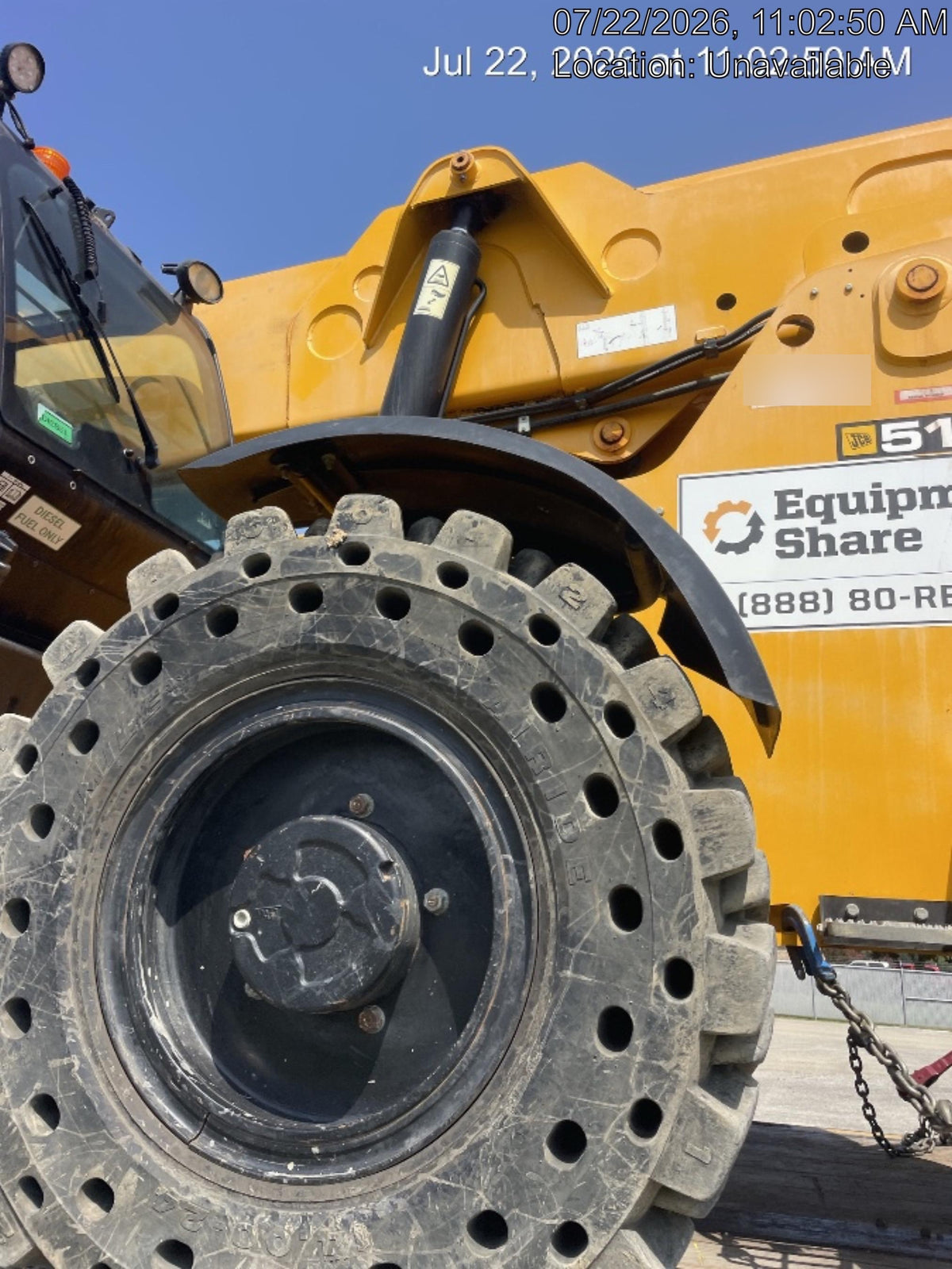 2019 JCB 510-56 74 HP w/CAB/HVAC, Beacon, Worklights, Aux Hydraulics, Solid Tires 66" Carriage/60" Forks