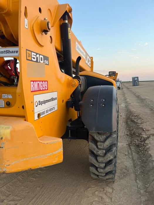 2019 JCB 510-56 74 HP w/Open ROPS, Beacon, Aux Hydraulics, Worklights, Solid Tires w/60" Carriage/Forks