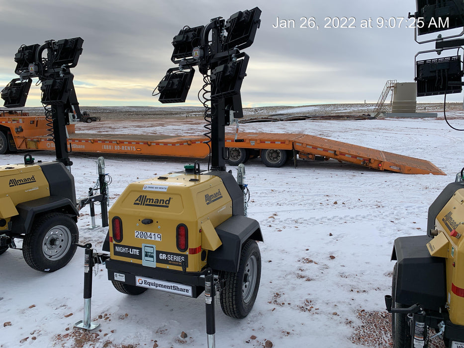 2022 Allmand NLV3GR (4) LED Light Fixture 350W, 23' Vertical Mast, 3kW Prime, Towable, Deep Sea L401, Leveling Jacks, Yanmar T4F 5.8hp