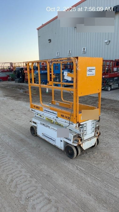Custom Equipment HB-1430 <ul>
 <li>Hy-Brid Scissor Lift</li>
  <li>Platform capacity up to 670 lbs.</li>
  <li>Working height up to 20 ft</li>
  <li>Weighs under 1,700 lbs.</li>
  <li>Non-marking wheels </li>
</ul>