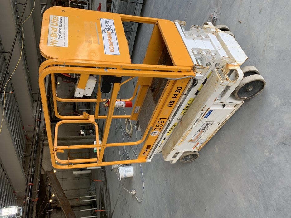 Custom Equipment HB-1430 Hy-Brid Scissor Lift
Platform capacity up to 670 lbs
Working height up to 20 ft
Weighs under 1,700 lbs
Non-marking wheels