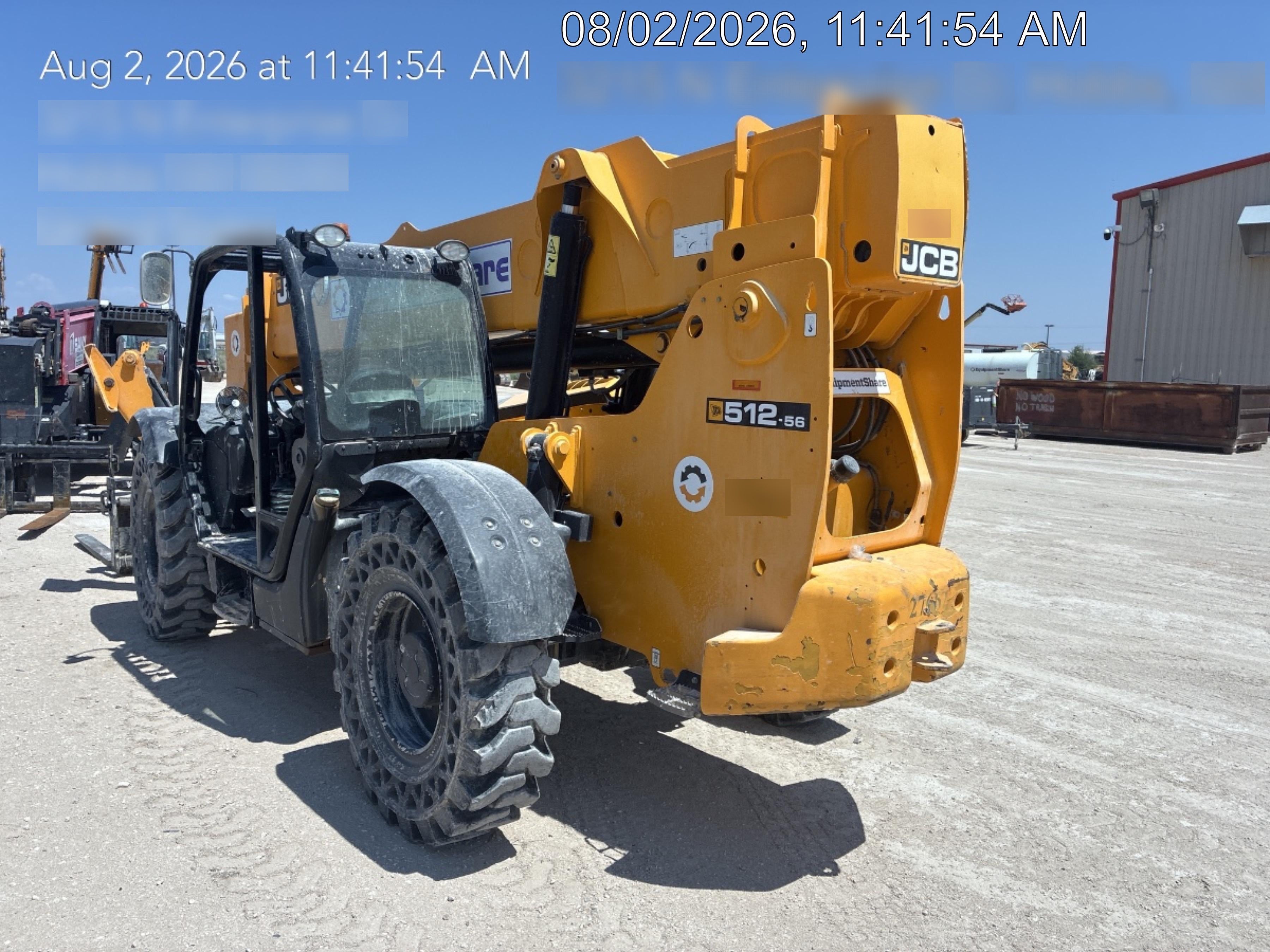 2019 JCB 512-56 74 HP w/Open ROPS, Beacon, Aux Hydraulics, Worklights, Solid Tires w/60" Carriage/Forks