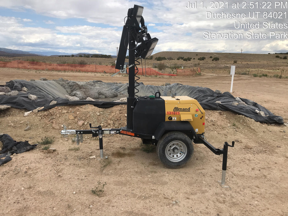 2021 Allmand NLV3GR (4) LED Light Fixture 350W, 23' Vertical Mast, 3kW Prime, Towable, Deep Sea L401, Leveling Jacks, Yanmar T4F 5.8hp