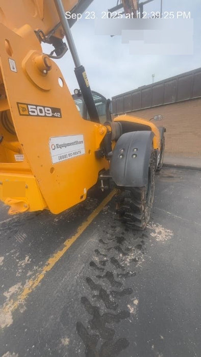 2019 JCB 509-42 74 HP w/Open ROPS, Beacon, Aux Hydraulics, LED Work lights, Solid Tires 66" Carriage/60" Forks