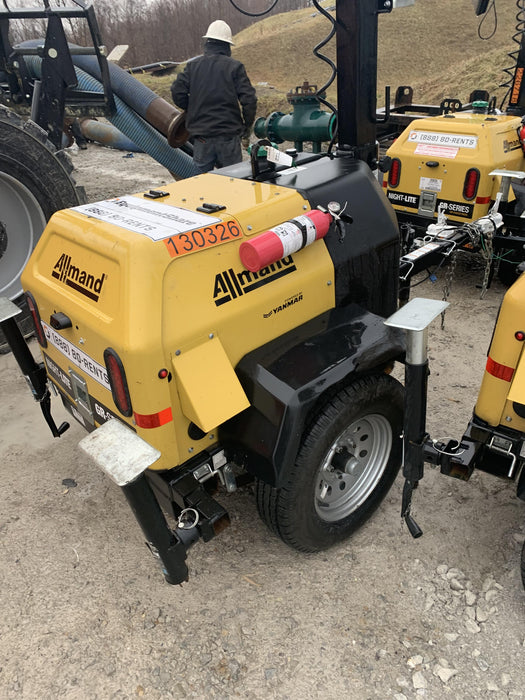 2021 Allmand NLV3GR (4) LED Light Fixture 350W, 23' Vertical Mast, 3kW Prime, Towable, Deep Sea L401, Leveling Jacks, Yanmar T4F 5.8hp