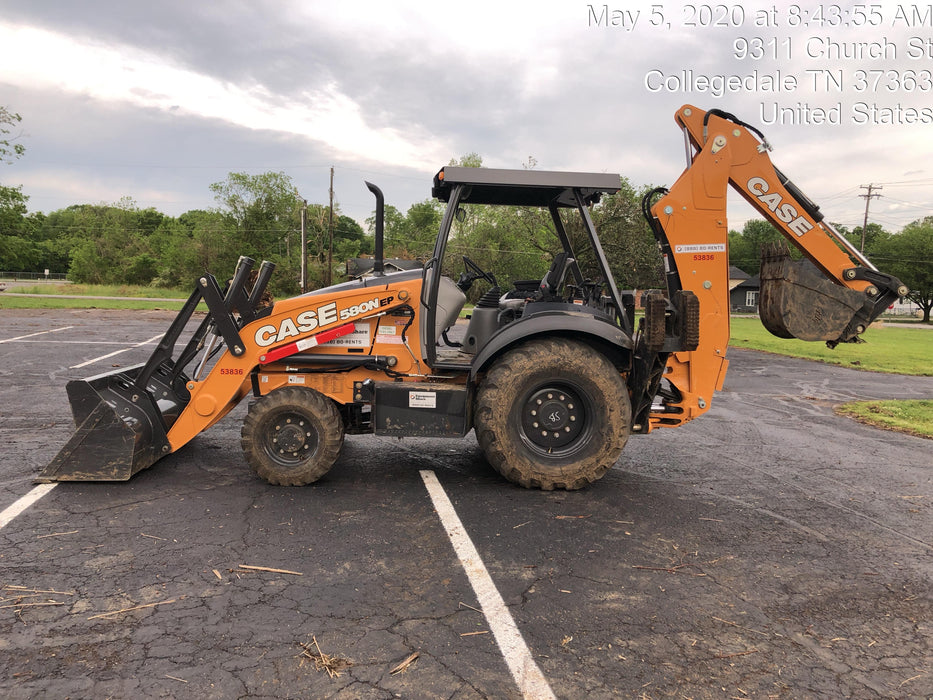2019 Case 580N EP Canopy, 4WD, 1-Way Aux Hydraulics, Pilot Controls, Ride Control and Loader Aux Hydraulics, 900 LB. Front CWT, 82" HD LONG LIP (1 CU. YD.) W/BOCE AND LIFT EYES, FLIP OVER/STABILIZER PADS COMB