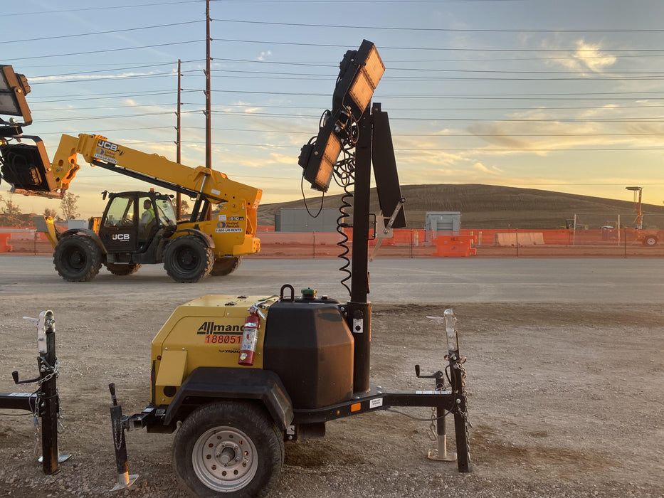 2022 Allmand NLV3GR (4) LED Light Fixture 350W, 23' Vertical Mast, 3kW Prime, Towable, Deep Sea L401, Leveling Jacks, Yanmar T4F 5.8hp