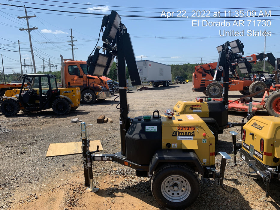 2022 Allmand NLV3GR (4) LED Light Fixture 350W, 23' Vertical Mast, 3kW Prime, Towable, Deep Sea L401, Leveling Jacks, Yanmar T4F 5.8hp