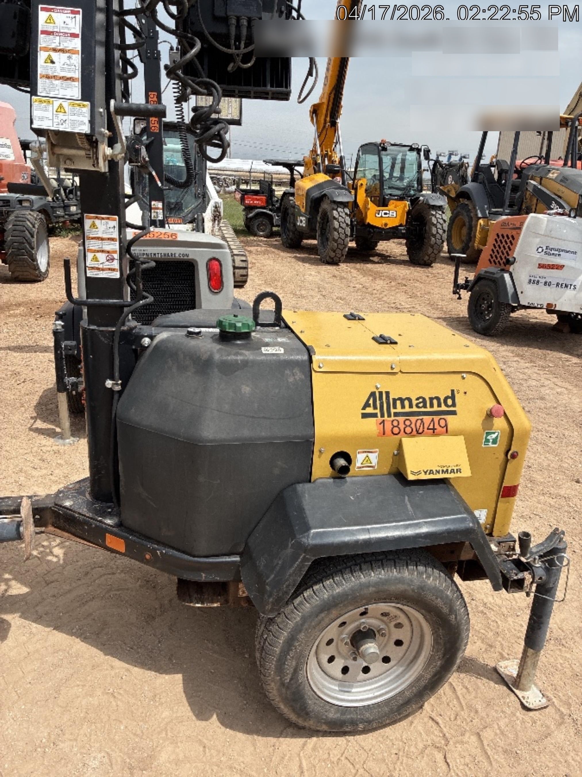Allmand NLV3GR (4) LED Light Fixture 350W, 23' Vertical Mast, 3kW Prime, Towable, Deep Sea L401, Leveling Jacks, Yanmar T4F 5.8hp