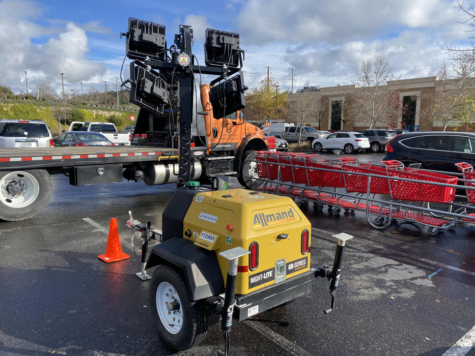 Allmand NLV3GR (4) LED Light Fixture 350W, 23' Vertical Mast, 3kW Prime, Towable, Deep Sea L401, Leveling Jacks, Yanmar T4F 5.8hp