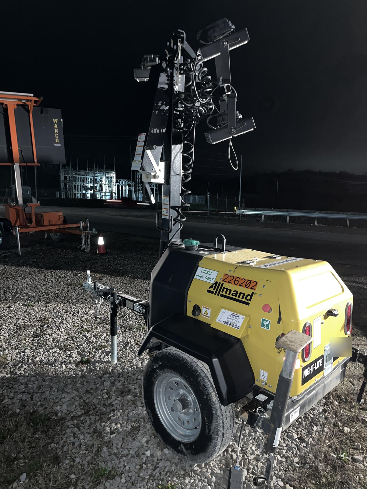 2022 Allmand NLV3GR (4) LED Light Fixture 350W, 23' Vertical Mast, 3kW Prime, Towable, Deep Sea L401, Leveling Jacks, Yanmar T4F 5.8hp