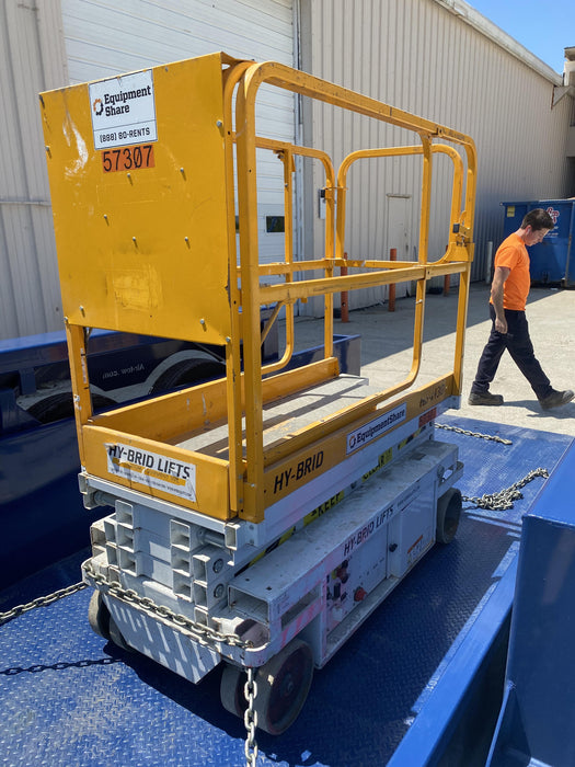Custom Equipment HB-1430 <ul>
 <li>Hy-Brid Scissor Lift</li>
  <li>Platform capacity up to 670 lbs.</li>
  <li>Working height up to 20 ft</li>
  <li>Weighs under 1,700 lbs.</li>
  <li>Non-marking wheels </li>
</ul>
