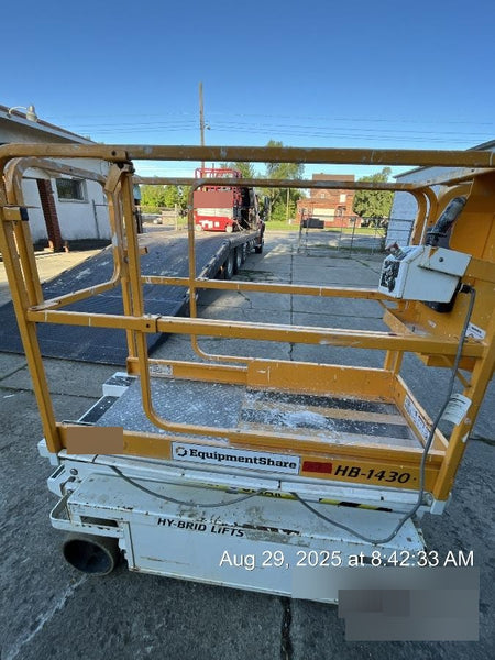 Custom Equipment HB-1430 <ul>
 <li>Hy-Brid Scissor Lift</li>
  <li>Platform capacity up to 670 lbs.</li>
  <li>Working height up to 20 ft</li>
  <li>Weighs under 1,700 lbs.</li>
  <li>Non-marking wheels </li>
</ul>