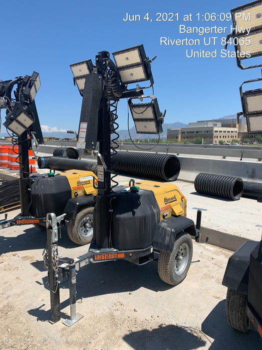 2021 Allmand NLV3GR (4) LED Light Fixture 350W, 23' Vertical Mast, 3kW Prime, Towable, Deep Sea L401, Leveling Jacks, Yanmar T4F 5.8hp