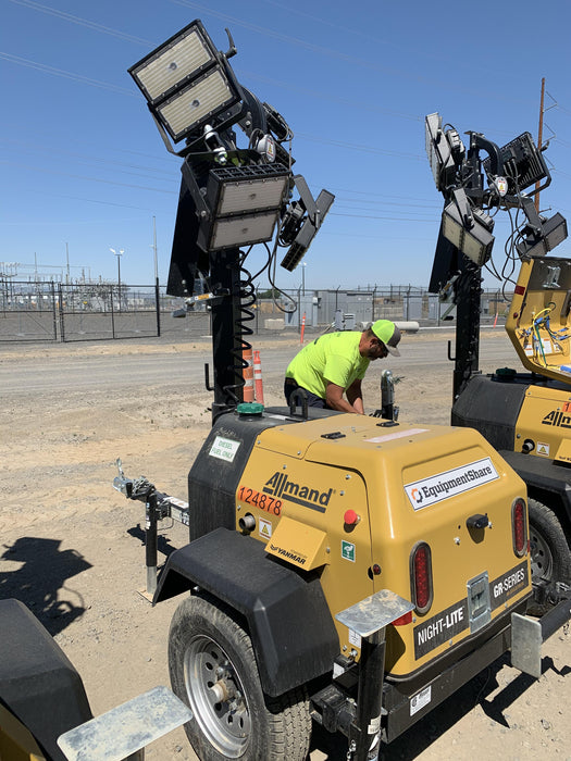 2020 Allmand NLV3GR (4) LED Light Fixture 350W, 23' Vertical Mast, 3kW Prime, Towable, Deep Sea L401, Leveling Jacks, Yanmar T4F 5.8hp