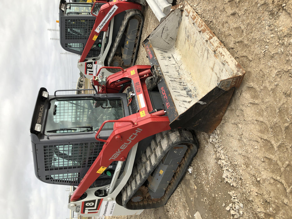 2019 Takeuchi TL8 Cab, Heat/AC, Defroster, 15" Wide Rubber Tracks, Back-up Alarm, Front & Rear Working Lights, Auxiliary Hydraulics, Two-Speed Travel, Electronic Monitoring System, Hydraulic Universal Quick Hitch 76" HD Smooth Dirt Bucket with Bolt-On Edge, 20.3 cubic feet Capacity