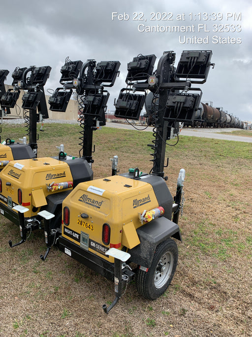2022 Allmand NLV3GR (4) LED Light Fixture 350W, 23' Vertical Mast, 3kW Prime, Towable, Deep Sea L401, Leveling Jacks, Yanmar T4F 5.8hp