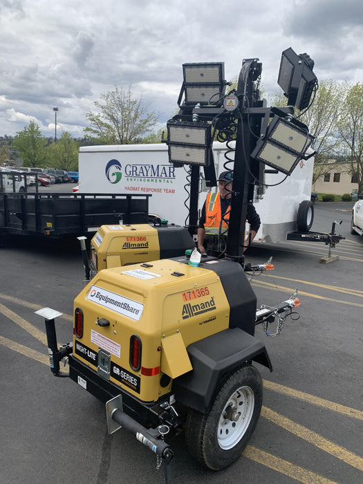 2021 Allmand NLV3GR (4) LED Light Fixture 350W, 23' Vertical Mast, 3kW Prime, Towable, Deep Sea L401, Leveling Jacks, Yanmar T4F 5.8hp