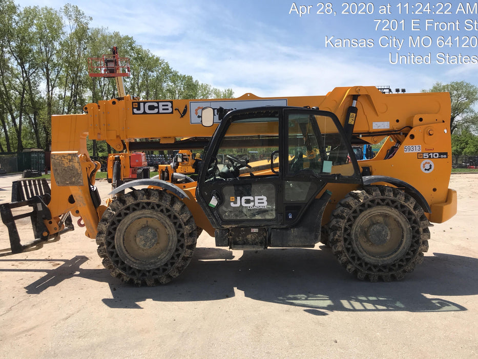 2020 JCB 510-56 Cab/Heat/Air, 74 HP, Solid Tires, STD Worklight, Beacon, Aux Hydraulics, Lifting Eye, Back up Alarm w/66" Carriage/60" Forks