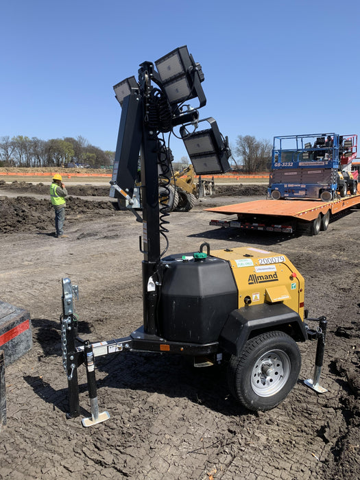 2022 Allmand NLV3GR (4) LED Light Fixture 350W, 23' Vertical Mast, 3kW Prime, Towable, Deep Sea L401, Leveling Jacks, Yanmar T4F 5.8hp